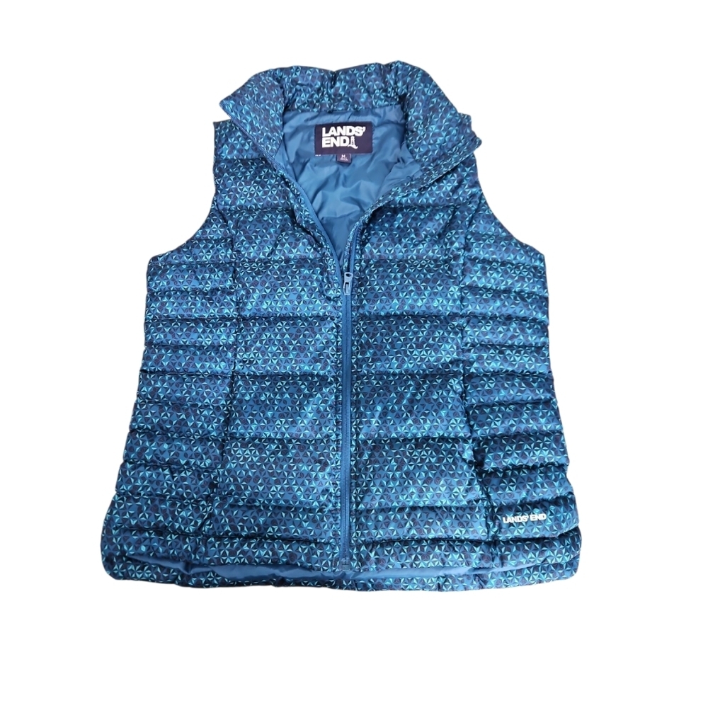 Lands End Blue Patterned Puffer Vest Women's Medium